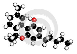 THC delta-9-tetrahydrocannabinol, dronabinol cannabis drug molecule. 3D rendering. Atoms are represented as spheres with.