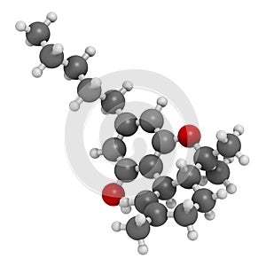 THC (delta-9-tetrahydrocannabinol, dronabinol) cannabis drug molecule. Atoms are represented as spheres with conventional color