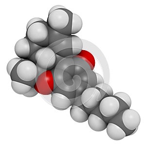 THC (delta-9-tetrahydrocannabinol, dronabinol) cannabis drug molecule. Atoms are represented as spheres with conventional color