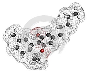 THC (delta-9-tetrahydrocannabinol, dronabinol) cannabis drug molecule. Atoms are represented as spheres with conventional color