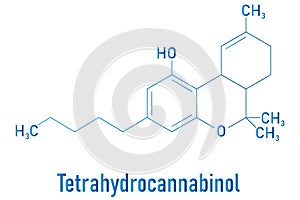 THC, delta-9-tetrahydrocannabinol, dronabinol, cannabis drug molecule. Skeletal formula.