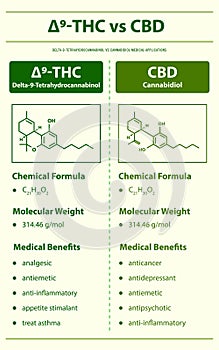 Ã¢Ëâ 9-THC vs CBD, Delta 9 Tetrahydrocannabinol vs Cannabidiol vertical infographic photo