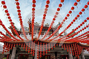 Thean Hou Temple decorated with hanging red lanterns during Chinese Lunar New Year celebration, Kuala Lumpur, Malaysia.