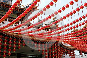 Thean Hou Temple decorated with hanging red lanterns during Chinese Lunar New Year celebration, Kuala Lumpur, Malaysia.