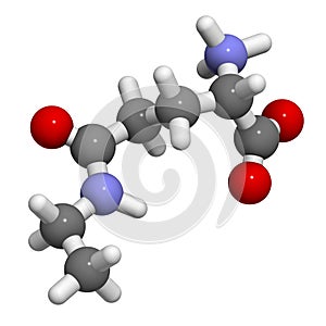 Theanine herbal molecule. 3D rendering.  Constituent of tea prepared from Camellia sinensis. Also taken as nutritional supplement