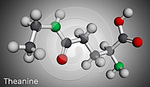 Theanine, theanin molecule. It is neuroprotective agent, plant metabolite, is found in green tea. Molecular model. 3D rendering