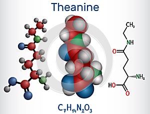 Theanine, theanin molecule. It is neuroprotective agent, plant metabolite, is found in green tea. Structural chemical formula,