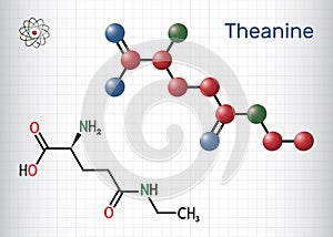 Theanine, theanin molecule. It is neuroprotective agent, plant metabolite, is found in green tea. Structural chemical formula,