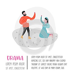 Theater Actor Characters. Flat People Theatrical Stage Poster. Artistic Perfomances Man and Woman