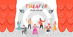 Theater Actor Characters Set. Flat People Theatrical Stage Poster. Artistic Perfomances Man and Woman