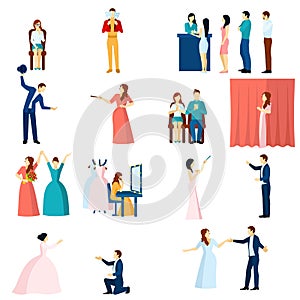 Theater actors flat icons set