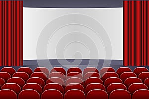 Theater auditorium with rows of red seats and stage with curtain for your design