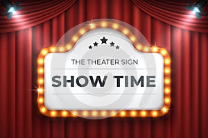 Theater cinema sign. Movie light frame, retro marquee banner on red background. Vector light bulb realistic billboard