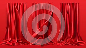 Theater or cinema stage red curtain with folds. Realistic modern illustration of close and open opera stage cloth