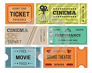 Theater and cinema tickets admission or paper pass isolated objects