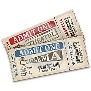 Theater and cinema tickets in retro style. Two admission tickets isolated on white background