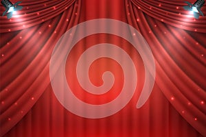 Theater curtains background. Realistic red drapes, 3D realistic movie award stage. Vector entertainment shows premiere