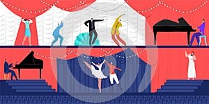 Theater flat performance at show, vector illustration. People artist character in front audience design, music drama