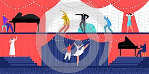 Theater flat performance at show, vector illustration. People artist character in front audience design, music drama