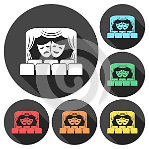 Theater logo, Theater icon, Theater stage with curtain and seats vector illustration set with long shadow