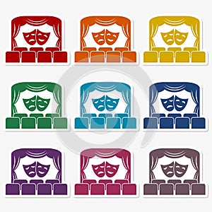 Theater logo, Theater icon, Theater stage with curtain and seats vector illustration set