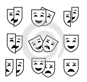 Theater mask symbols vector set, sad and happy concept