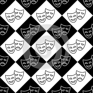 Theater masks, black and white seamless pattern