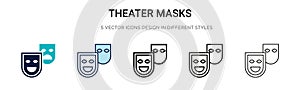 Theater masks icon in filled, thin line, outline and stroke style. Vector illustration of two colored and black theater masks