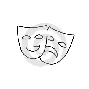 Theater masks, mardi gras doodle icon, vector illustration