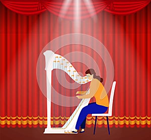 Theater music, harp performance, instrument theater event, culture classic sound, design, cartoon style vector