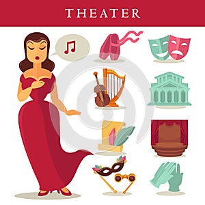 Theater or opera vector flat icons singer, ballet and stage