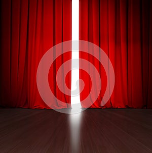 Theater red curtain slightly open with bright light behind and wood stage or scene