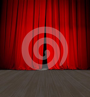 Theater red curtain slightly open and wood stage or scene