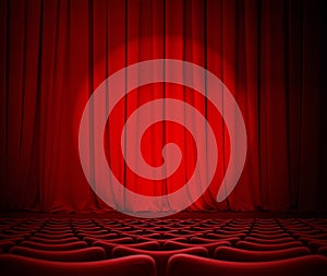 Theater red curtains and seats 3d illustration