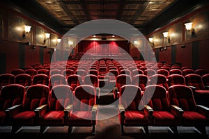 A theater with rows of red chairs and red curtains. Generative AI image.