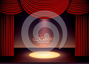 Theater scene with red curtains and falling spot light