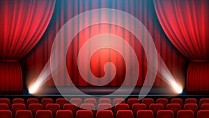 Theater show stage interior with red curtain, spotlight and theater chairs