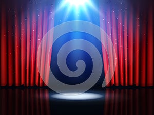 Theater show stage. Red curtains. Open Broadway scene. Cabaret backdrop with spotlights. Illuminated spot. Cinema