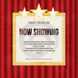 Theater sign or cinema sign with stars on red curtain. Gold retro signboard