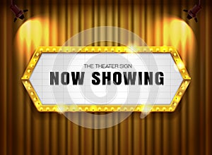 Theater sign gold frame on curtain with spotlight