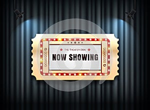 Theater sign ticket on curtain with spotlight background