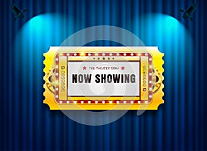 Theater sign ticket on curtain with spotlight background