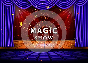 A theater stage with a blue curtain and a spotlight and wooden floor. Magic Show poster. Vector