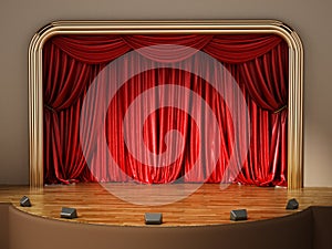 Theater stage with closed red curtain. 3D illustration