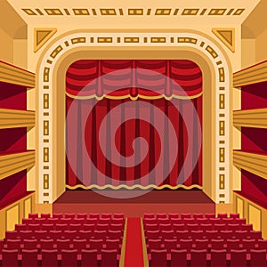 Theater stage with curtains entertainment spotlights theatrical scene interior old opera performance background vector