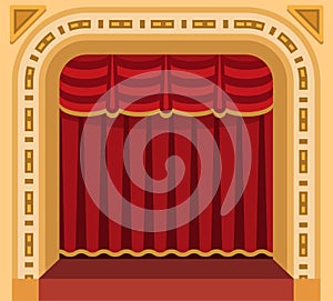 Theater stage with curtains entertainment spotlights theatrical scene interior old opera performance background vector