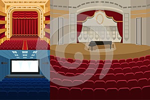 Theater stage with curtains entertainment spotlights theatrical scene interior old opera performance background vector