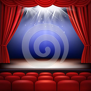 Theater stage. Festive background audience movie opera light with red silk curtains and auditorium seats vector