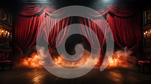 Theater Stage on Fire with Red Velvet Curtains smoke and Flames. Generative AI