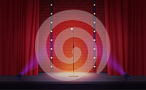 Theater stage with open red curtains and microphone, spotlight for comedy stand up show